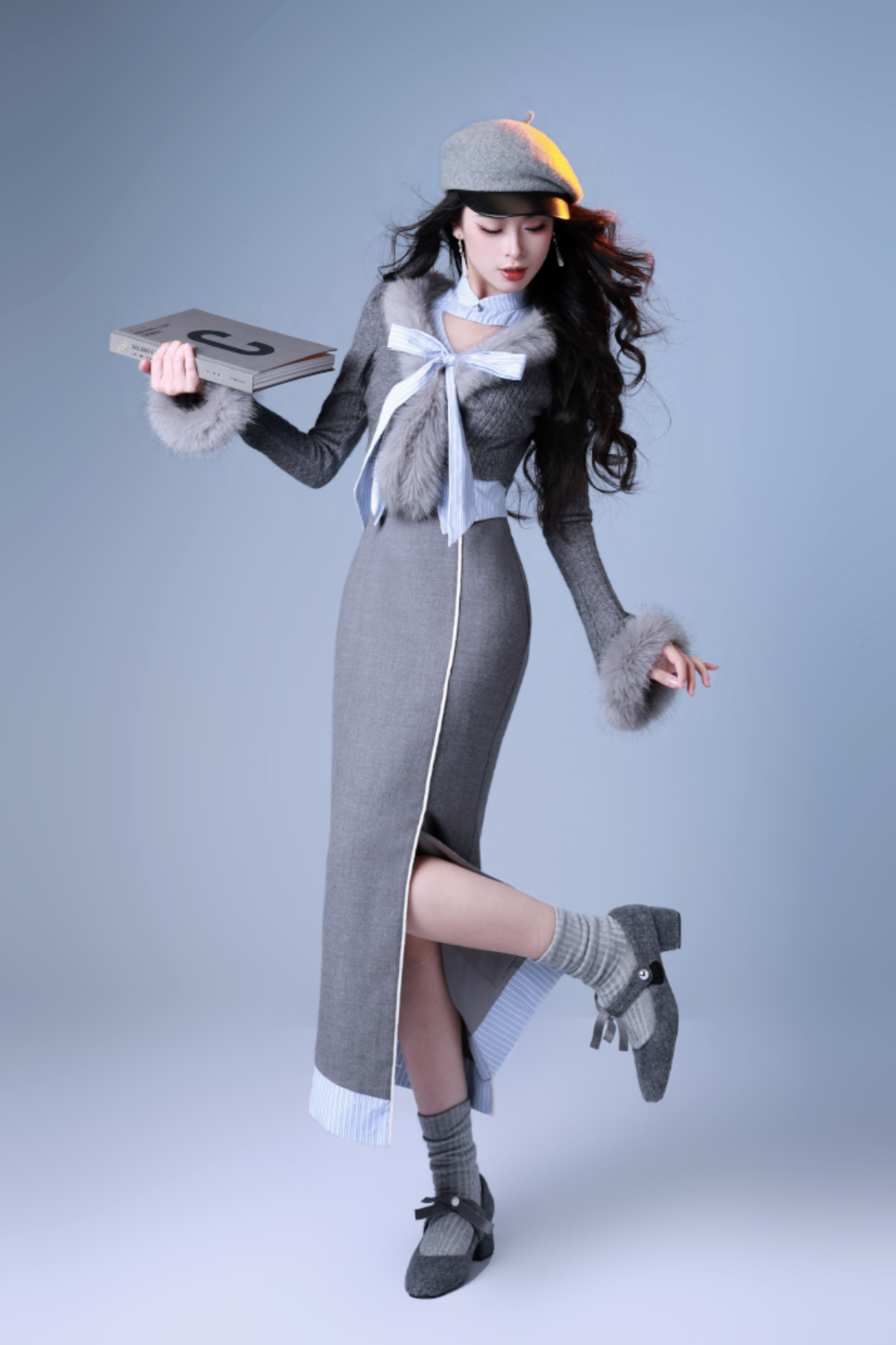 Faux Two Piece Lady Slit Dress