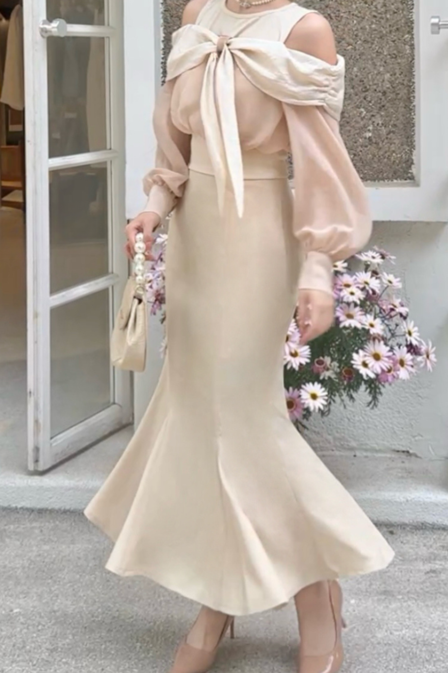 Off-the-shoulder top + mermaid skirt