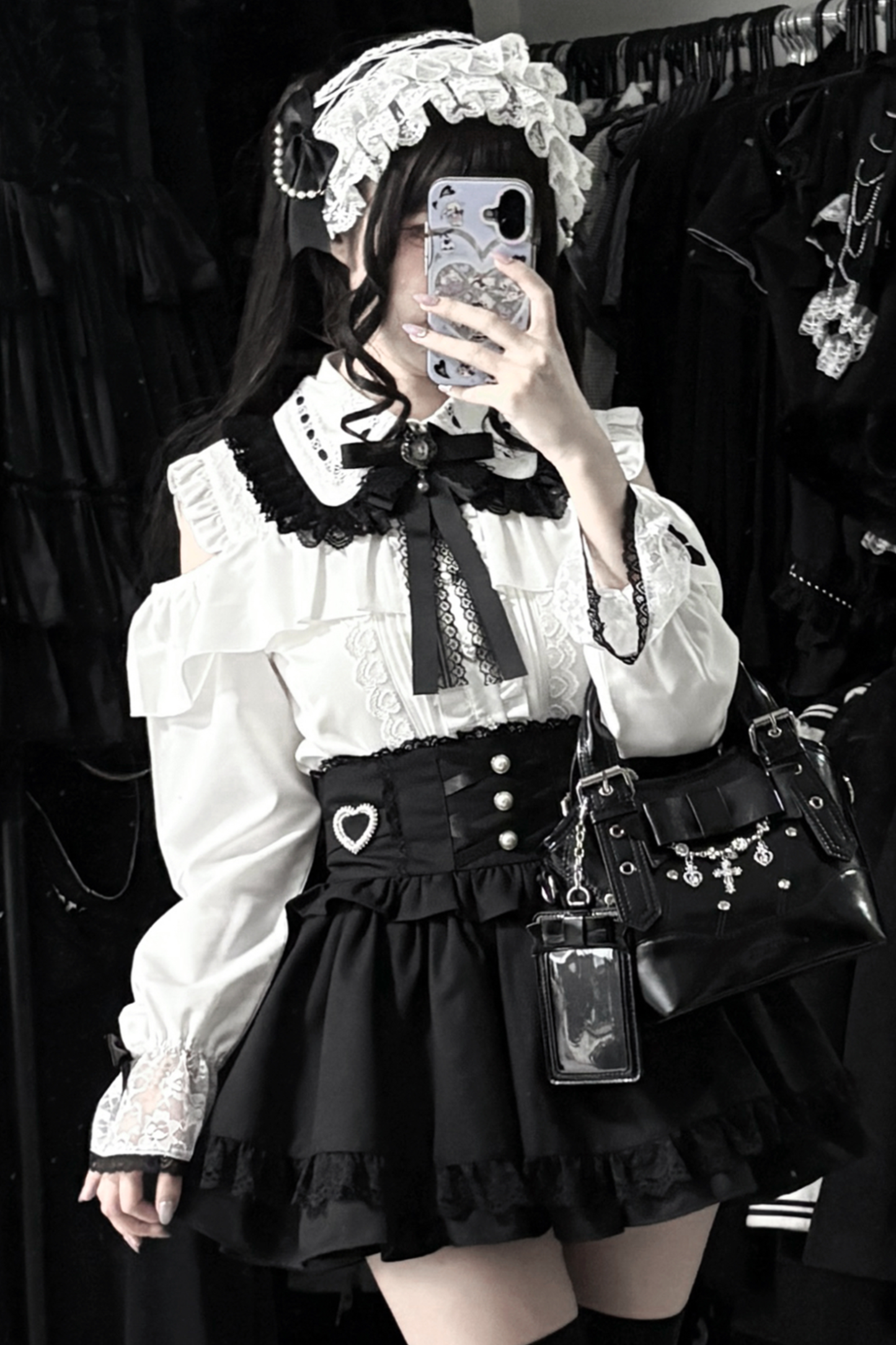 地雷ロングスリーブシャツ+ハイウエストスカート+リボンネクタイ