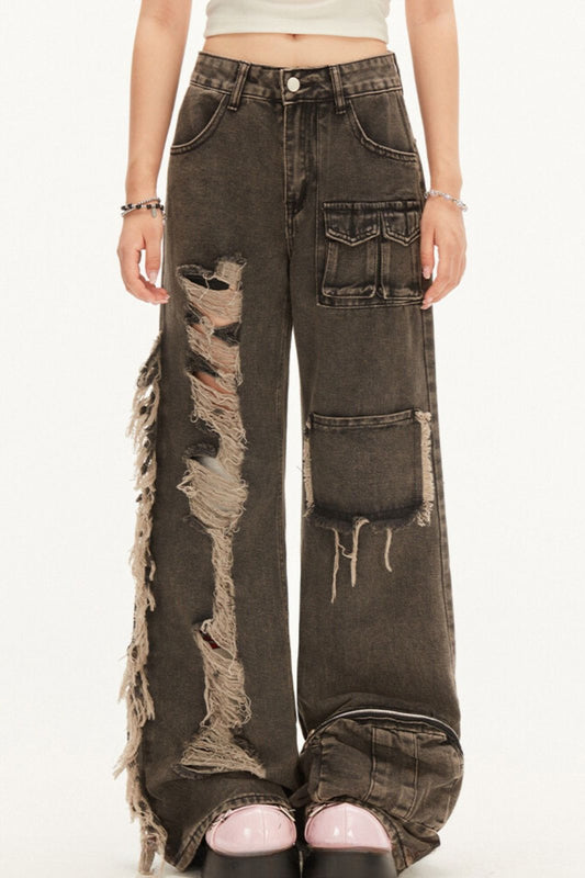 Frayed Wide Leg Straight Cargo Pants