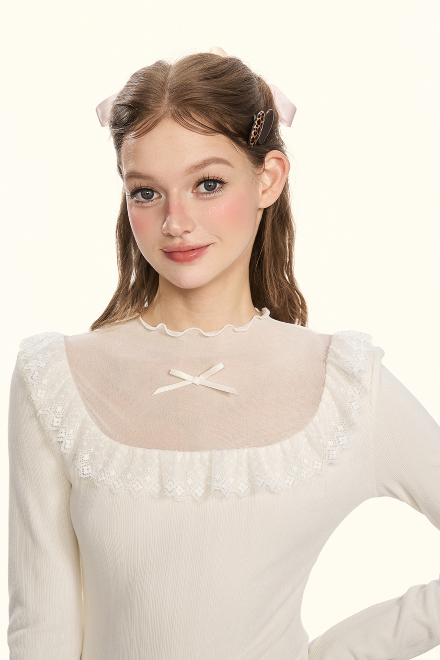 シアーリボンドールカラータイトトップス