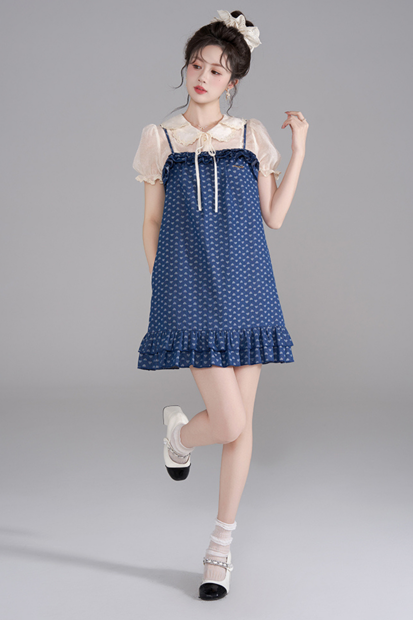 Polka Dot Ruffle Denim Dress + Shirt