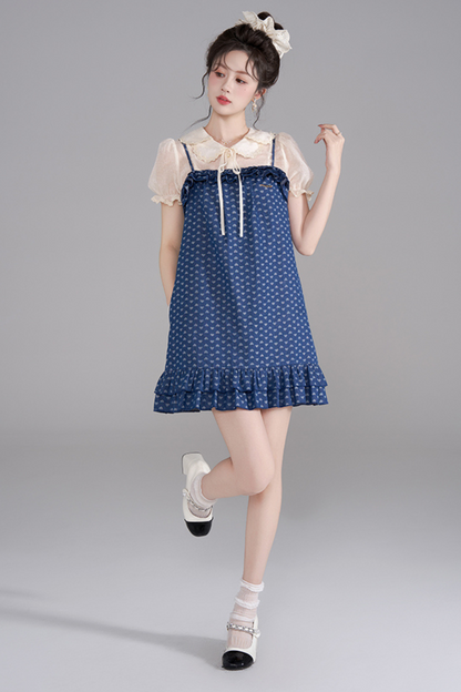 Polka Dot Ruffle Denim Dress + Shirt