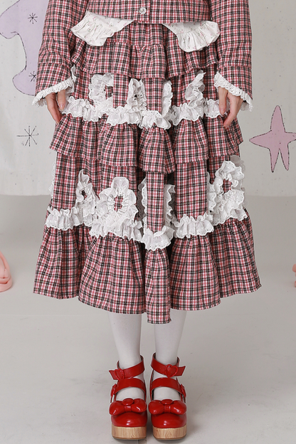 レトロチェックレースティアードロリータスカート