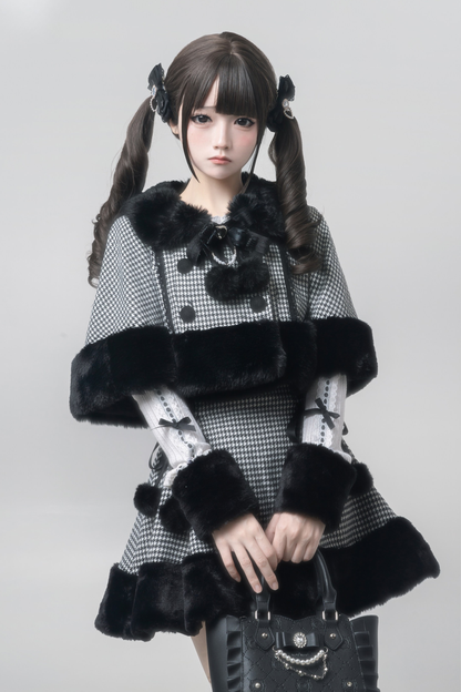 【2月7日予約締切】レトロチェックブラックファーケープ＋スカート＋インナートップス