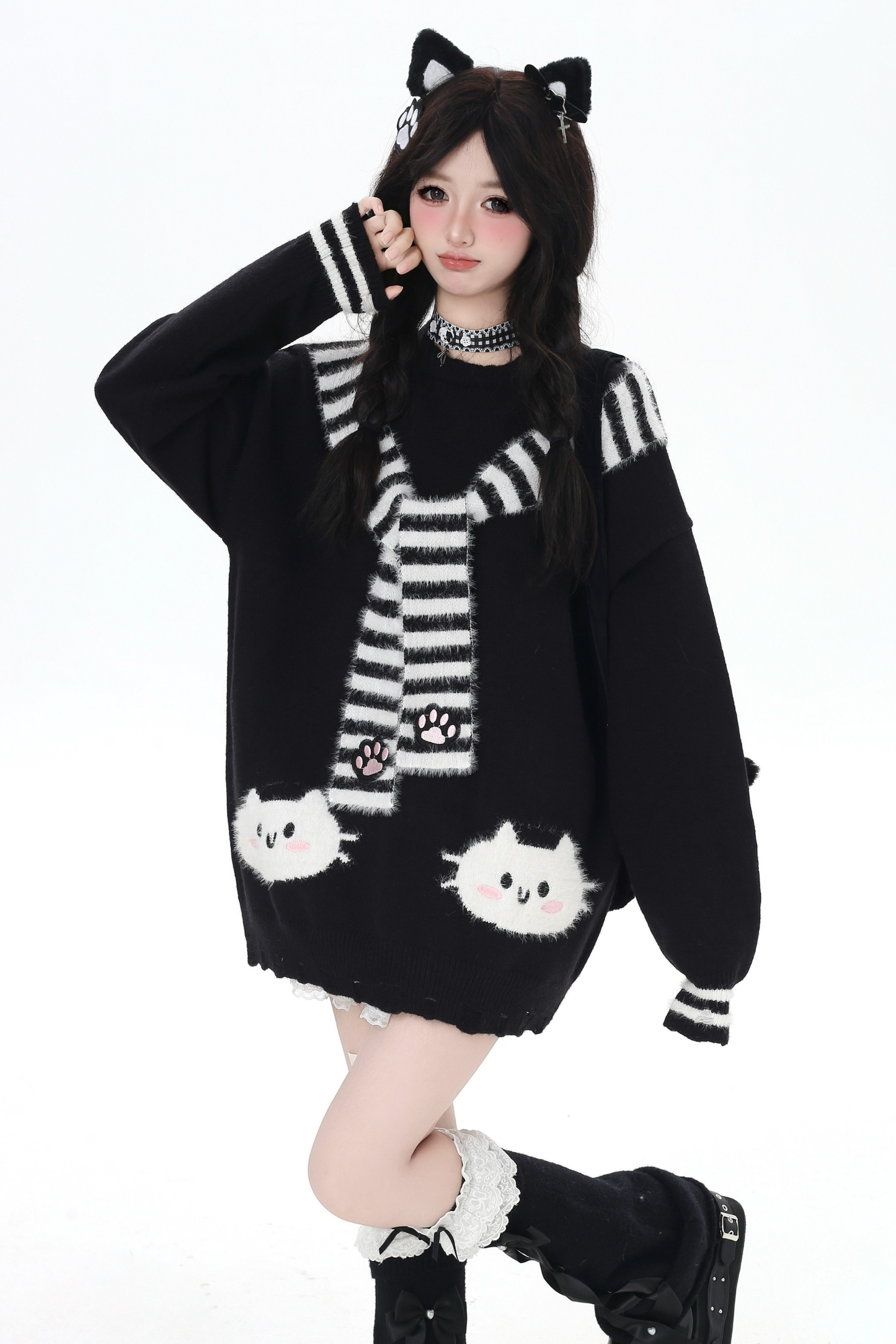 フェイクマフラーキャットルーズニット