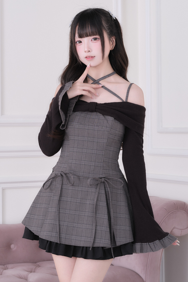 チェックスイートトップス+ショートスカート