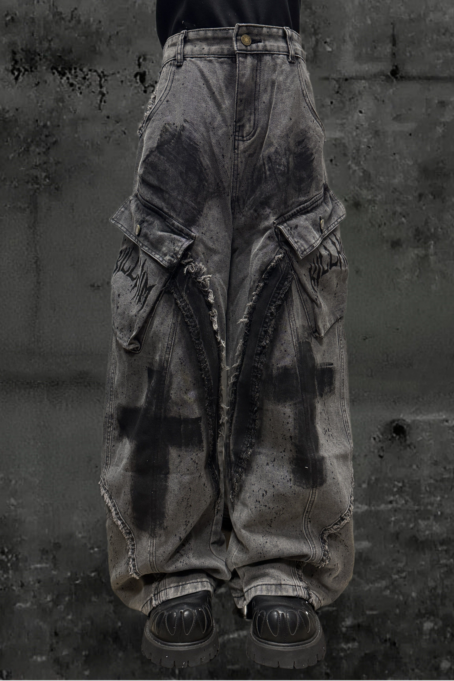 ダーククロススプレーデザインワイドパンツ+ベルト