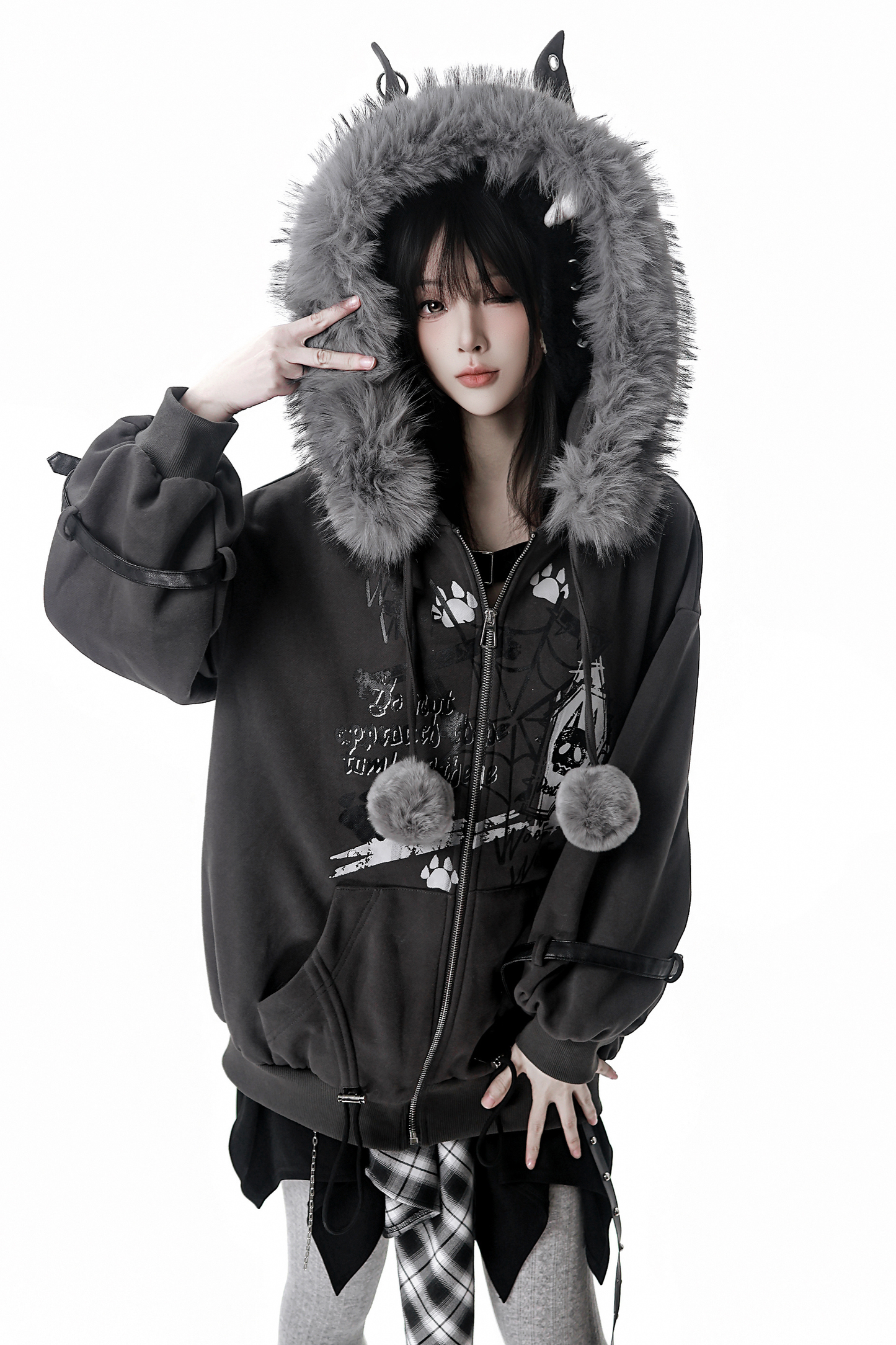 ファーボールファーフードジャケット+トップス+スカート