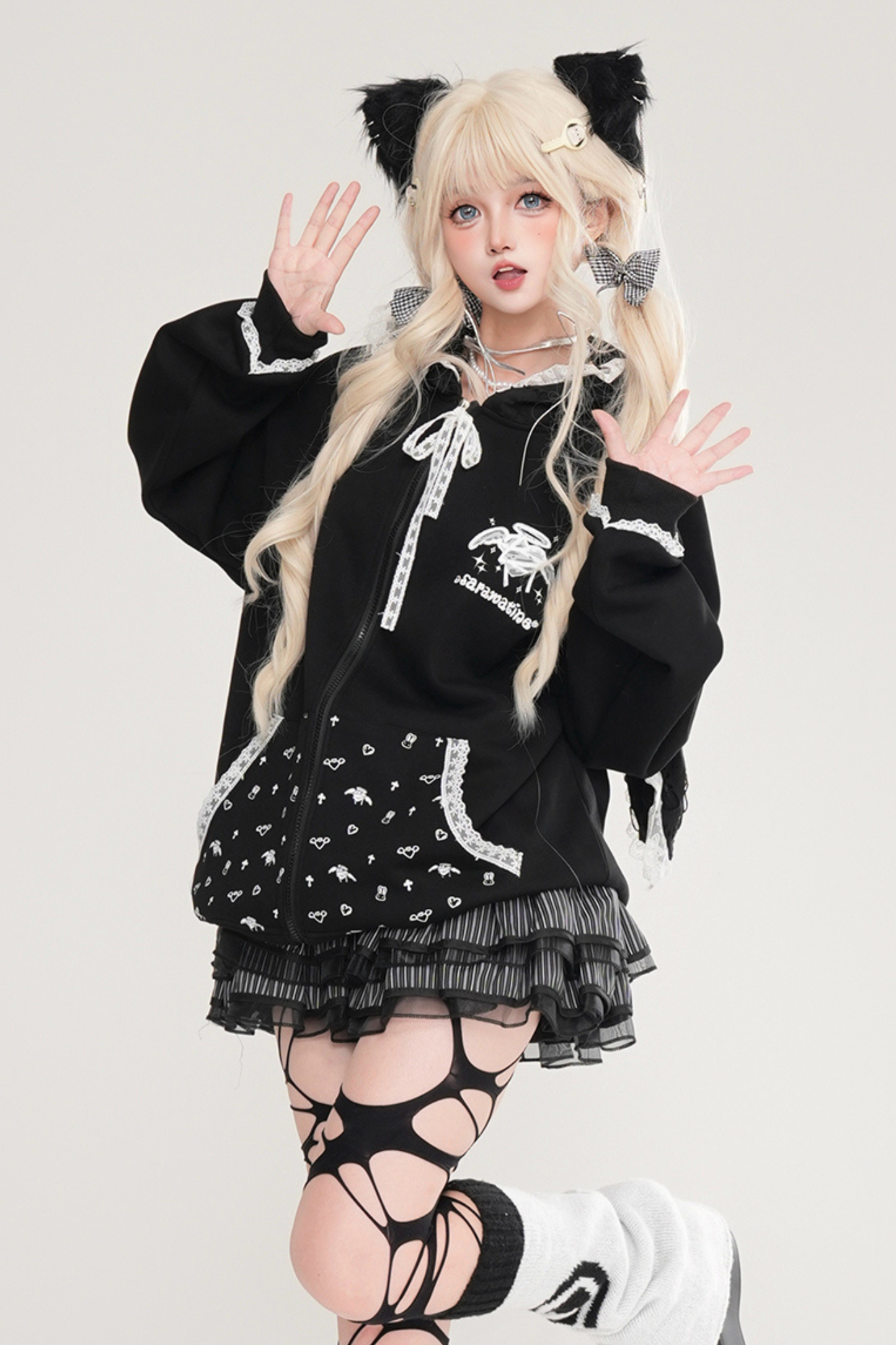 Lace Bunny Hooded Loose Hoodie