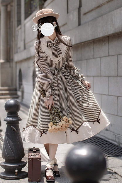 Chestnut Brown Striped Long Sleeve Dress