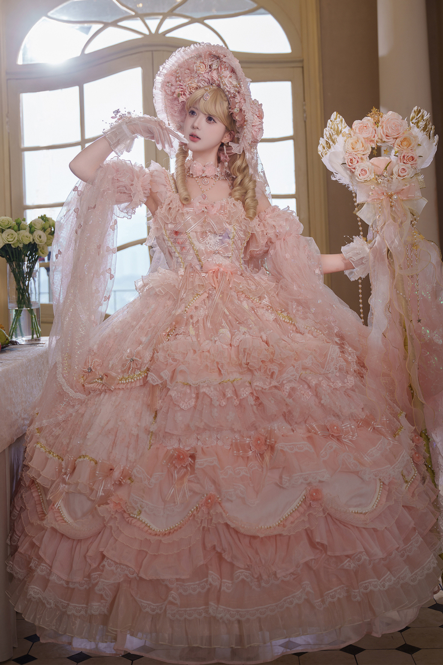 スイートフラワーゴージャスティーパーティーロリータアクセサリーハット+ベール+ネックレス+グローブ+セプター