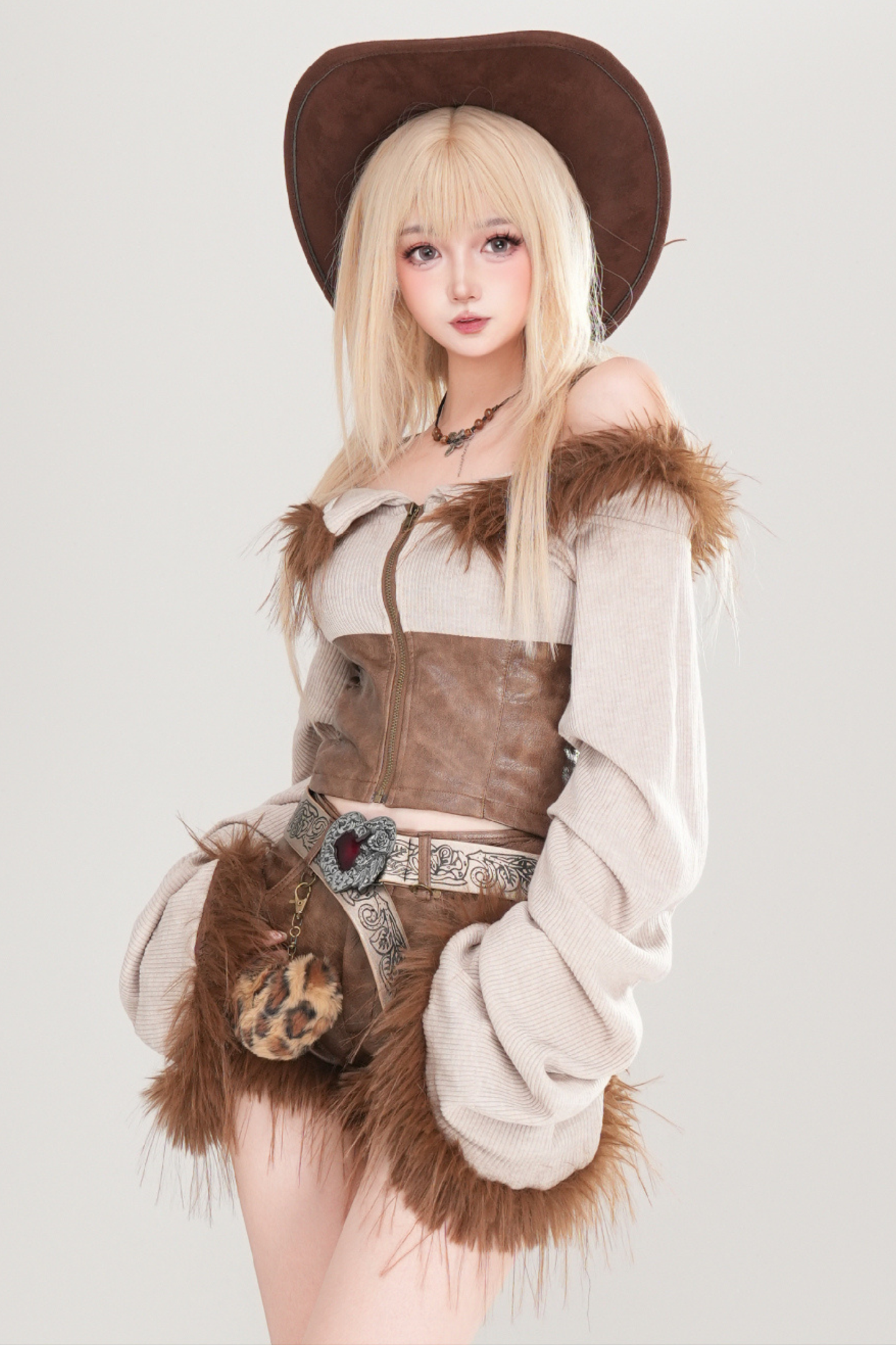 Y2Kファーオフショルダーニットトップス