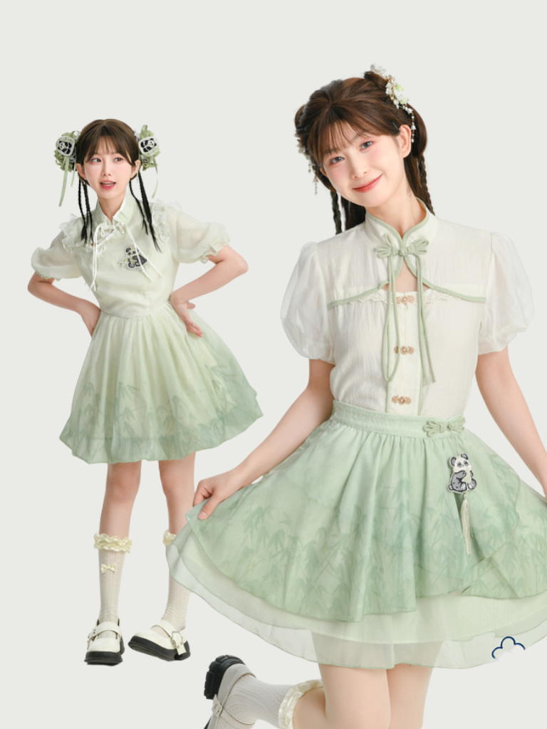 Kung Fu Panda Mint Puff Sleeve China Chiffon Shirt-Skirt Set + Dress