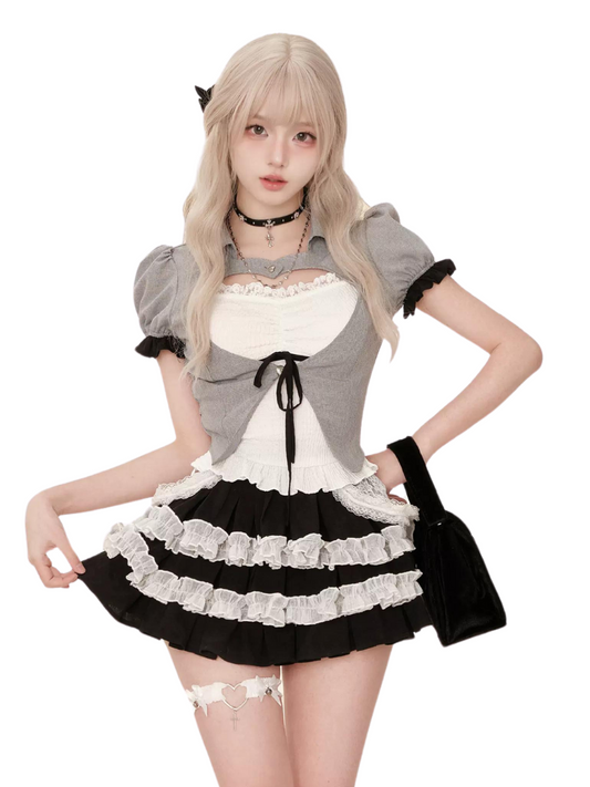 Black White Love Letter Summer Grey Top + White Camisole + Black Cake Skirt