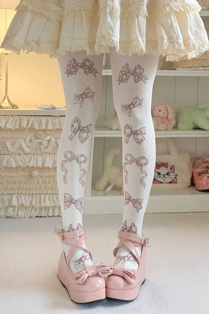 Sweet Bow Design Velvet Print Tights