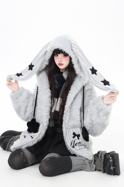 Bunny Ear Fur Hooded Coat
