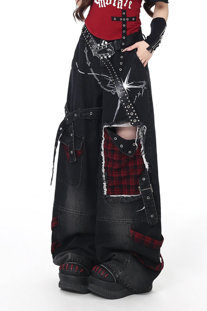 Plaid Patchwork Wide Denim Pants