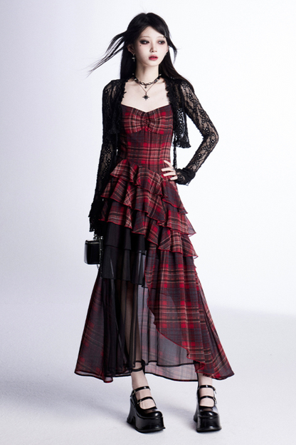 チェックハルタードレス＋シアーカーディガン