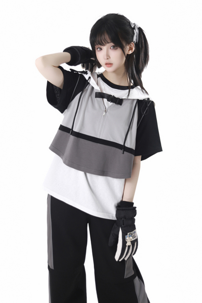 モードカジュアルレイヤードベスト+Tシャツ+ワイドパンツ+ワンピース