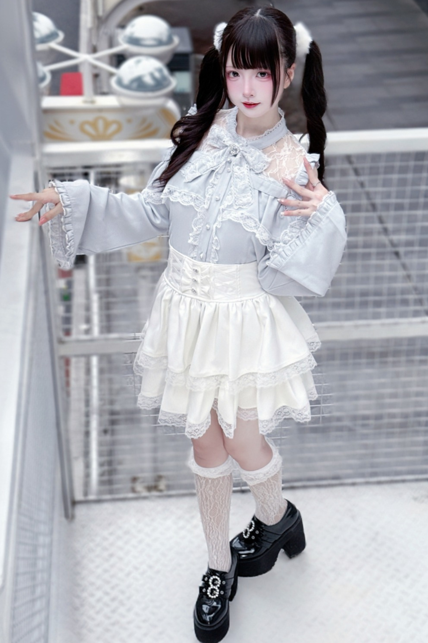 Lace off-the-shoulder shirt + lace-up skirt