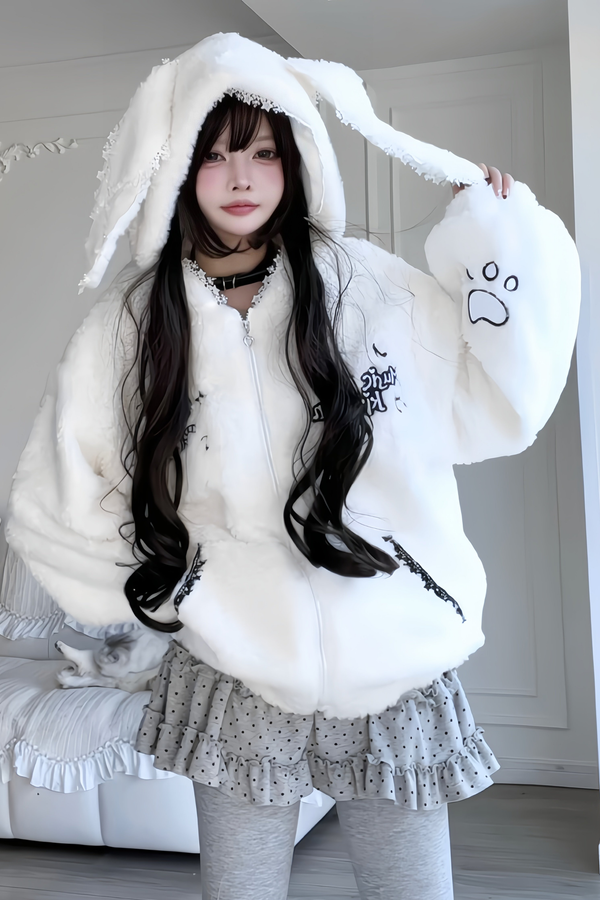 Rabbit Ear Fur Hooded Coat