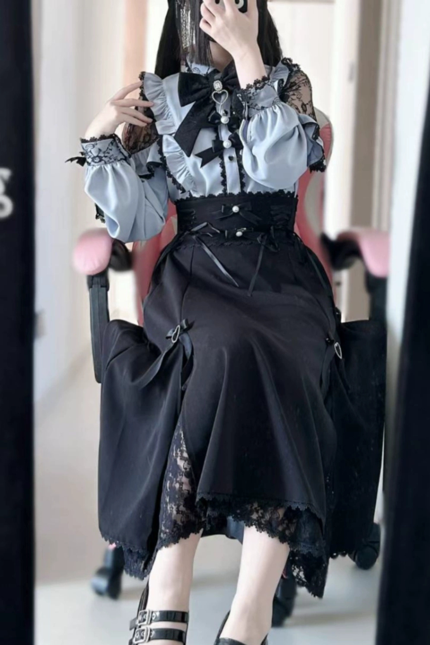 フレンチレーストリムシャツ+ロングスカート