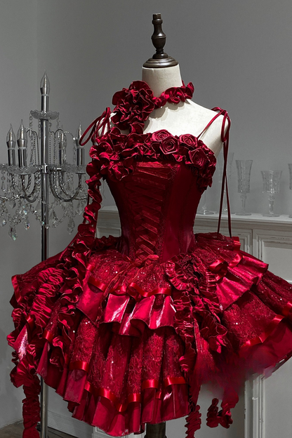 [Vorbestellung] Weinrotes Fischgräten-Lolita-Kleid