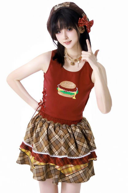 オーバーシャツ＋ノースリーブトップス＋ケーキスカート