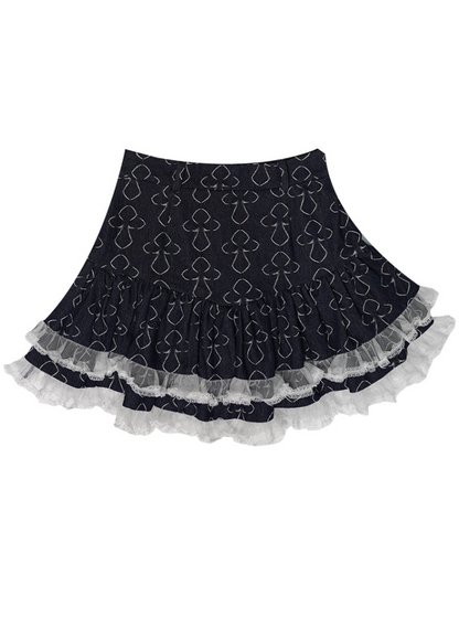 Butterfly Cross Jacquard Denim Lace Short Skirt