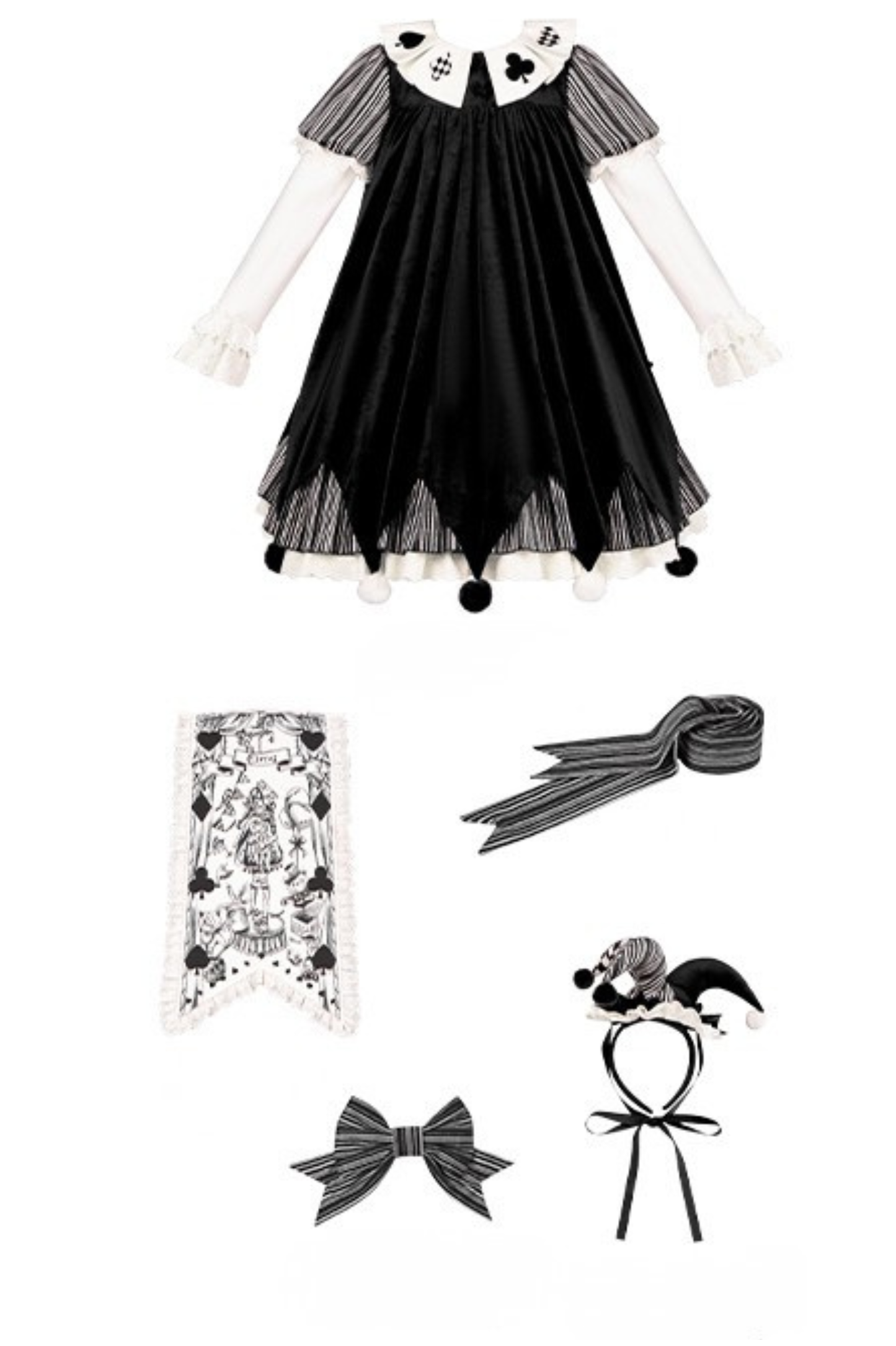 ドールサーカスピエロロリータドレス+カチューシャ+ベルト+リボン+カチューシャ+バッフル