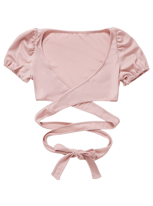 ガーリーセットアップパフスリーブクロスリボントップス＋フラワーキャミソール＋スカート