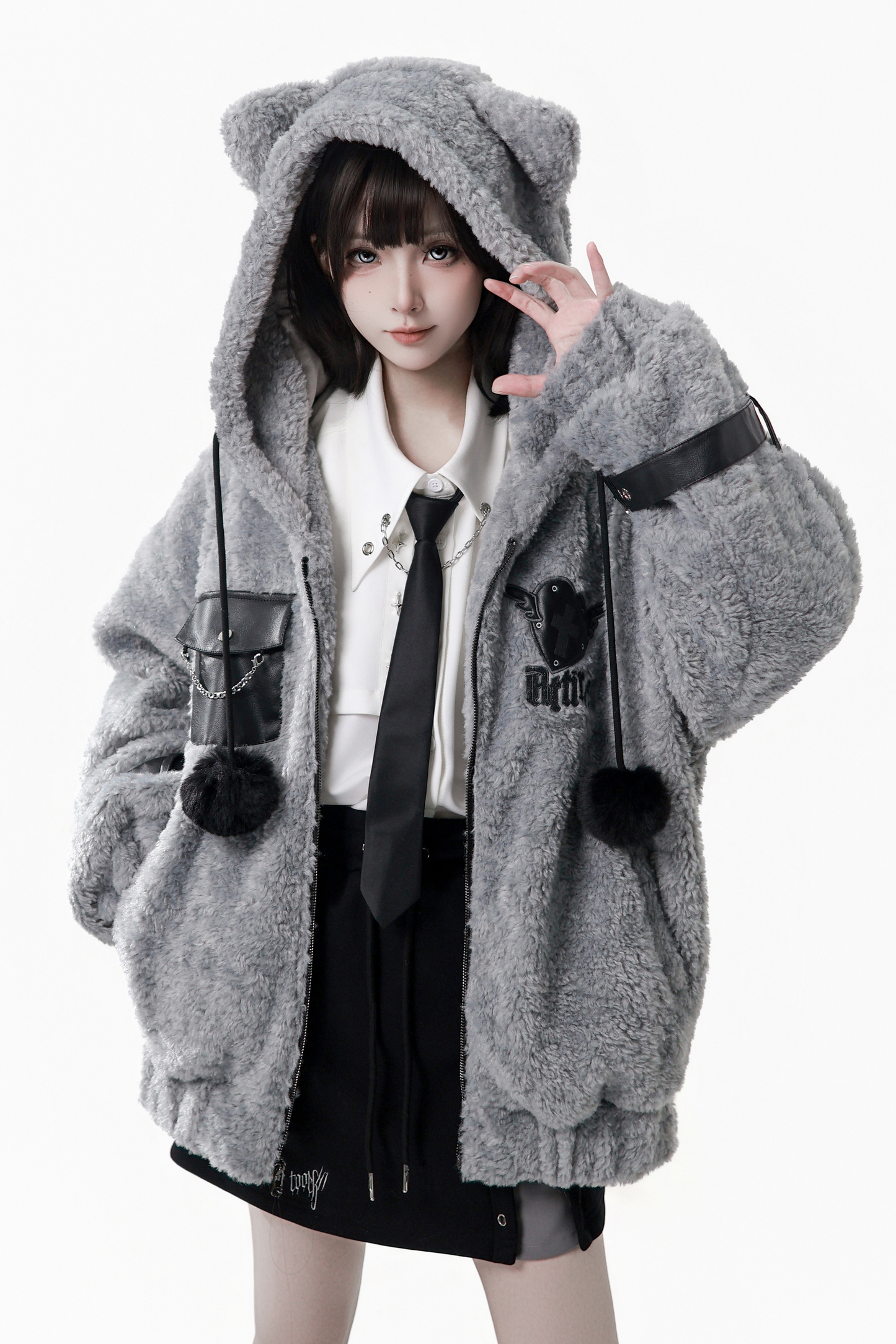 パッチワークファーフードコート+パンツ+シャツ+スカート+レッグカバー