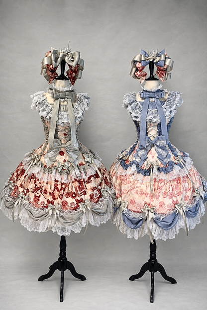 [Date limite de précommande 9/28] Ensemble robe + KC à imprimé floral Alice lolita classique, gris argenté x rouge / rose x bleu, à volants et rubans