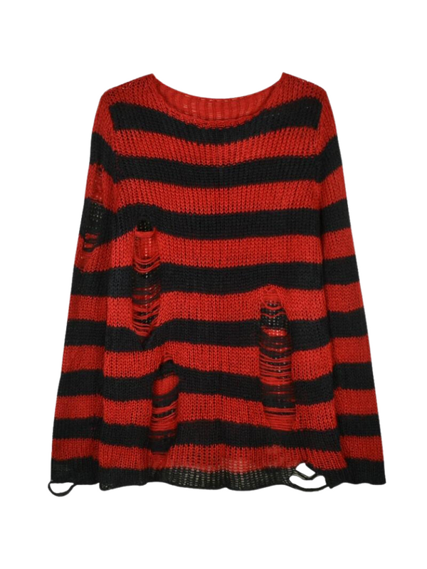 Punk style subculture striped hole knit sweater + inner cami dress + belt