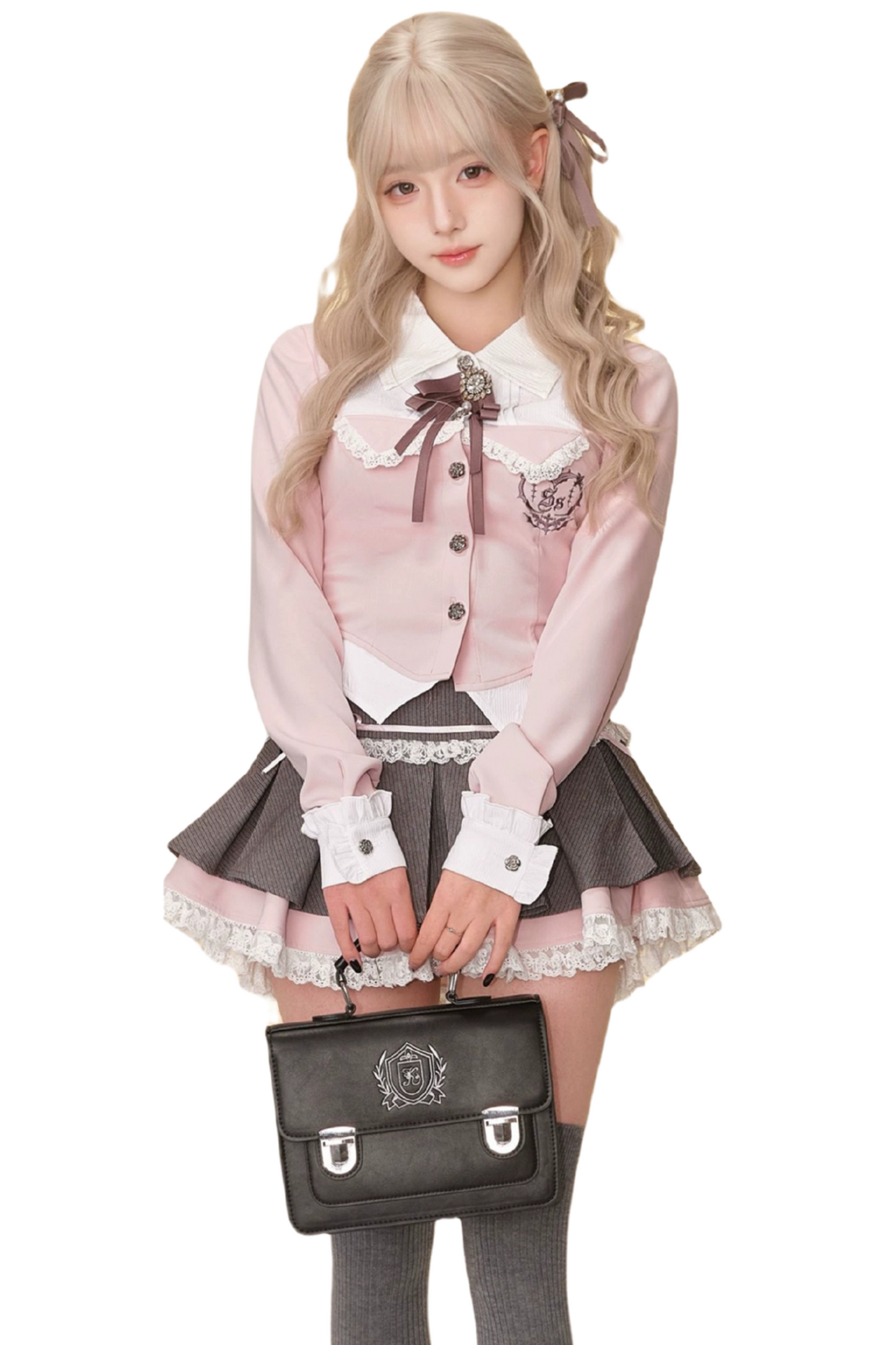 Sweet Sakura College Pink Faux Two Piece Shirt + Gray Pleated Skirt