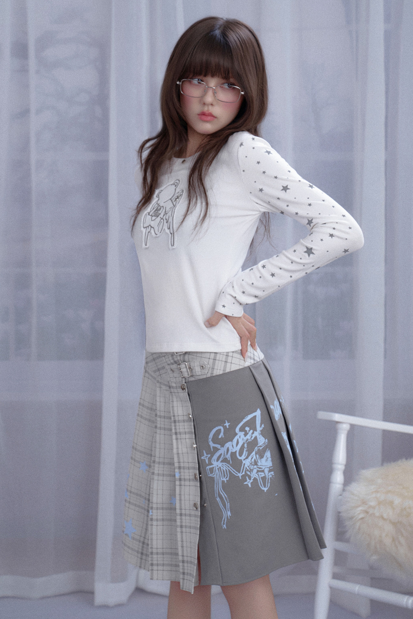 サブカルチャーアシメチェックロゴスカート