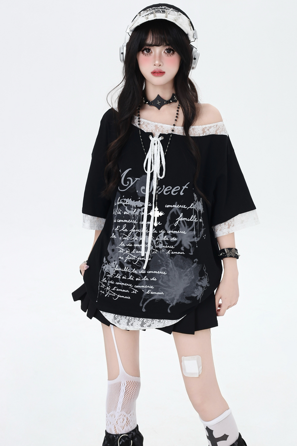 Dark Black White Lace Loose T-Shirt