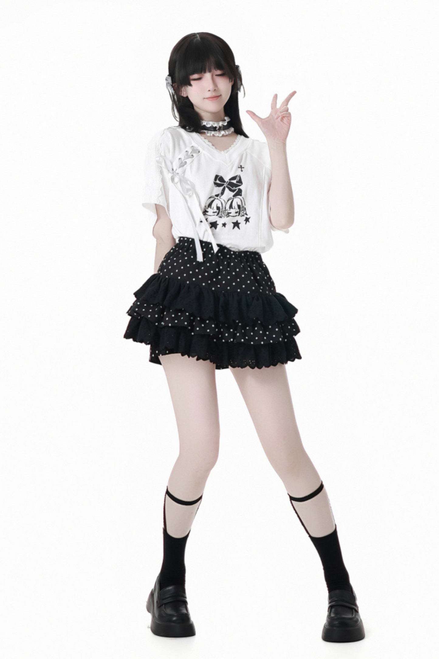 リボンルーズTシャツ+キュロット+アシメスカート