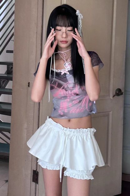 Bunny Cake Print Ash Sheer Mesh Slim Top