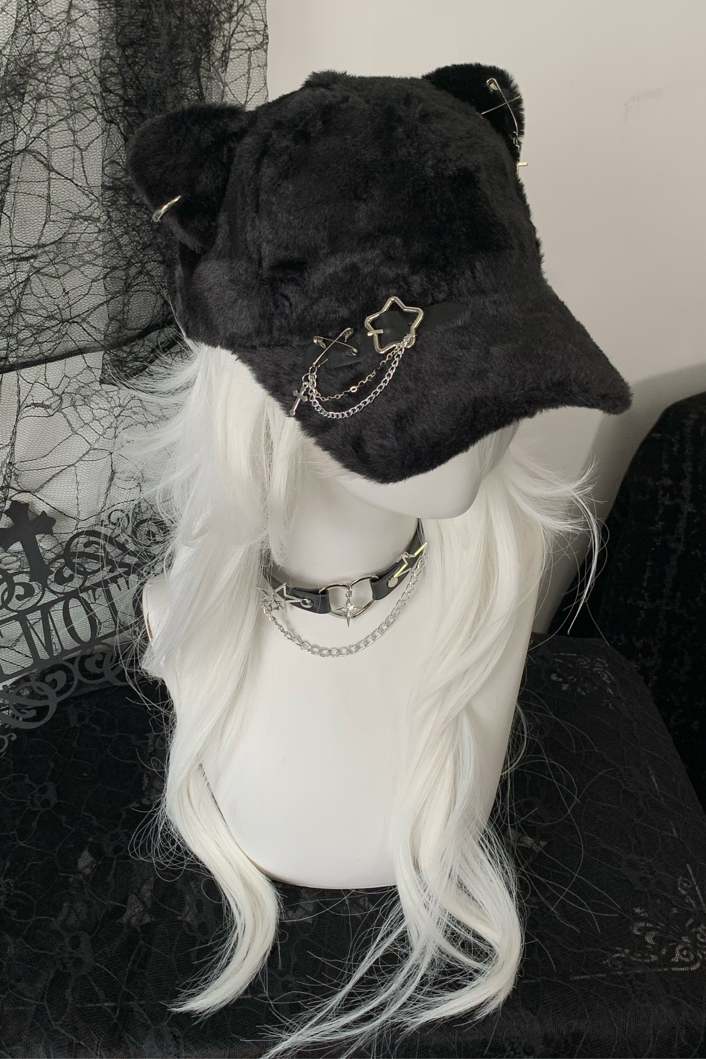 Cat Ear Fur Belt Chain Cap