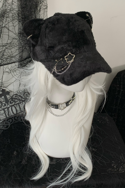Cat Ear Fur Belt Chain Cap