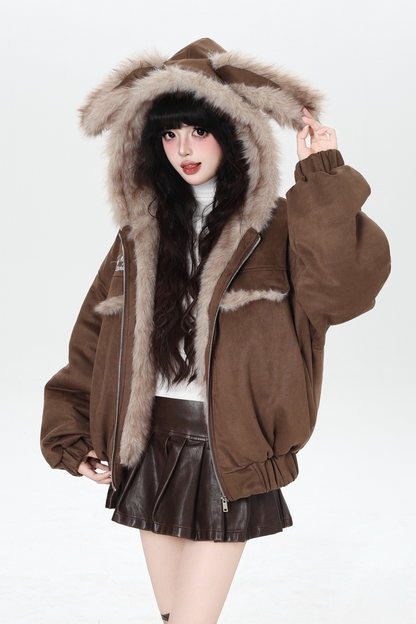Rabbit Fur Hooded Suede Jacket
