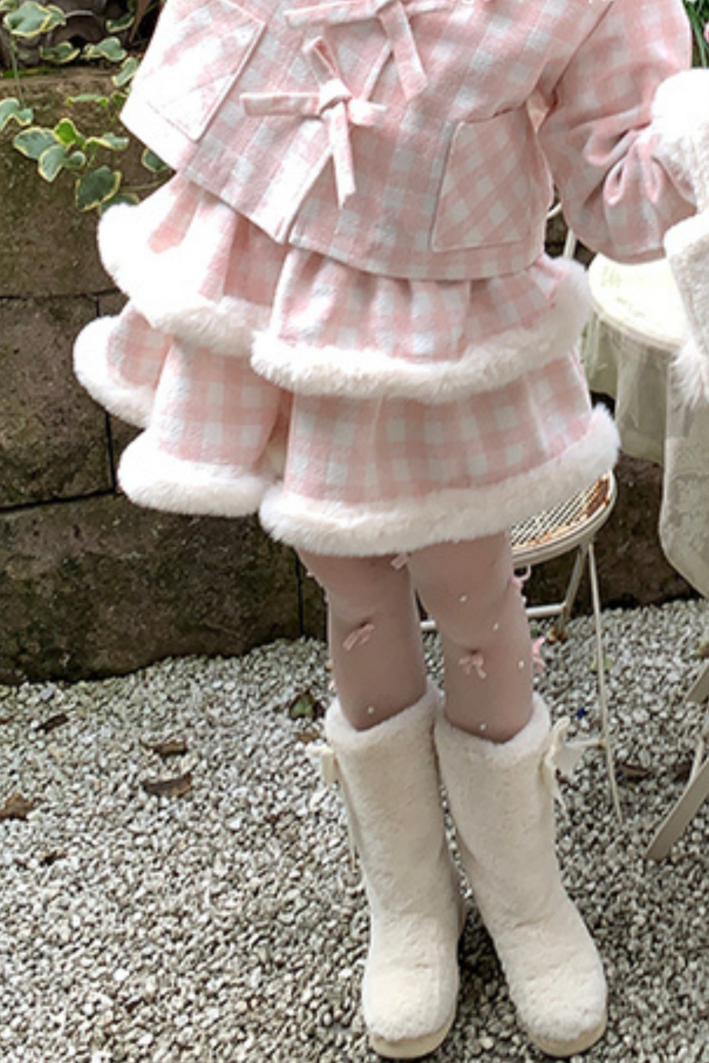 Peach Check Sweet Bow Coat + Check Tight Skirt + Fur Check Skirt