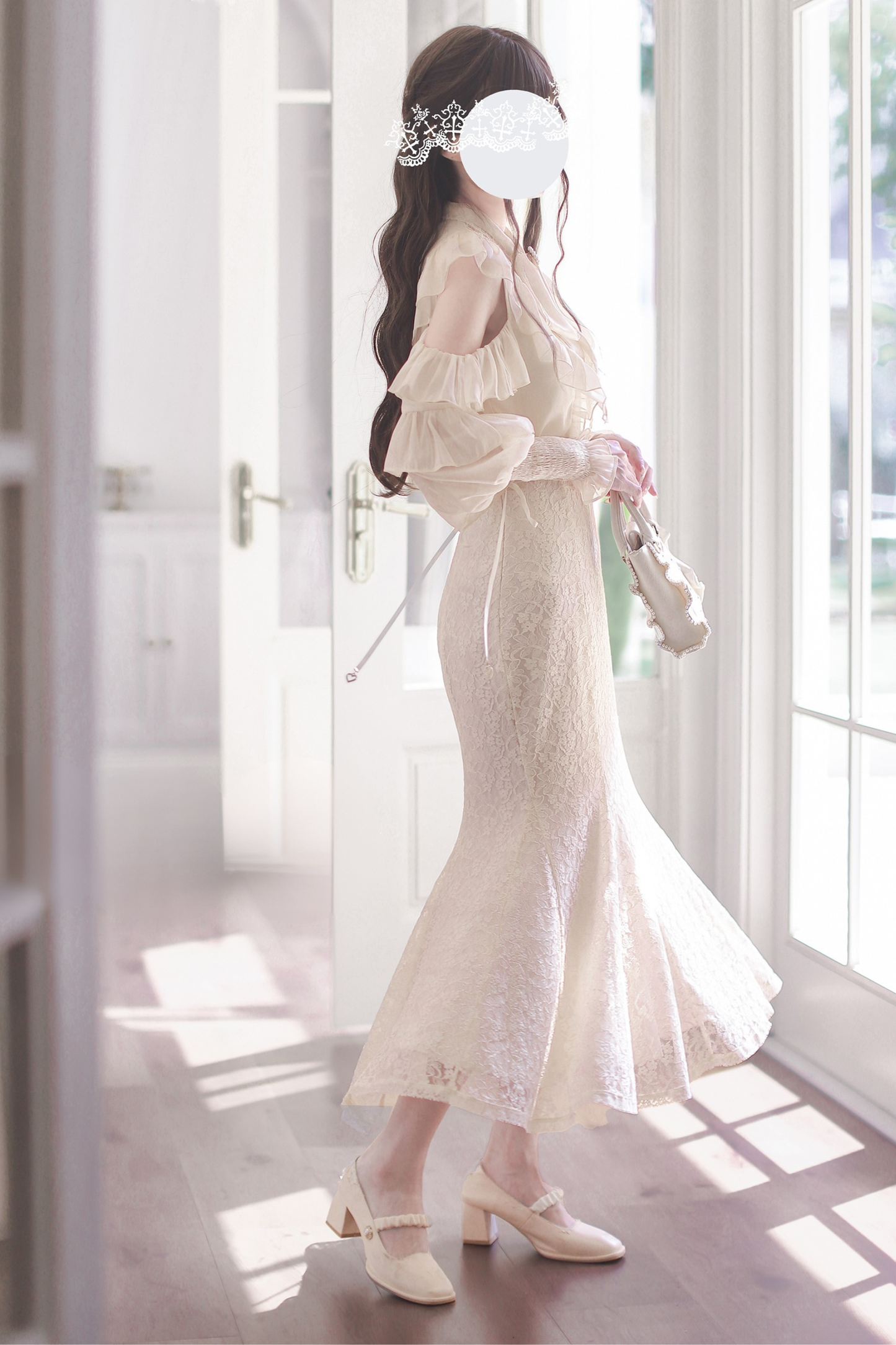 エレガントクリアシフォンビッグリボンシャツ+マーメイドスカート