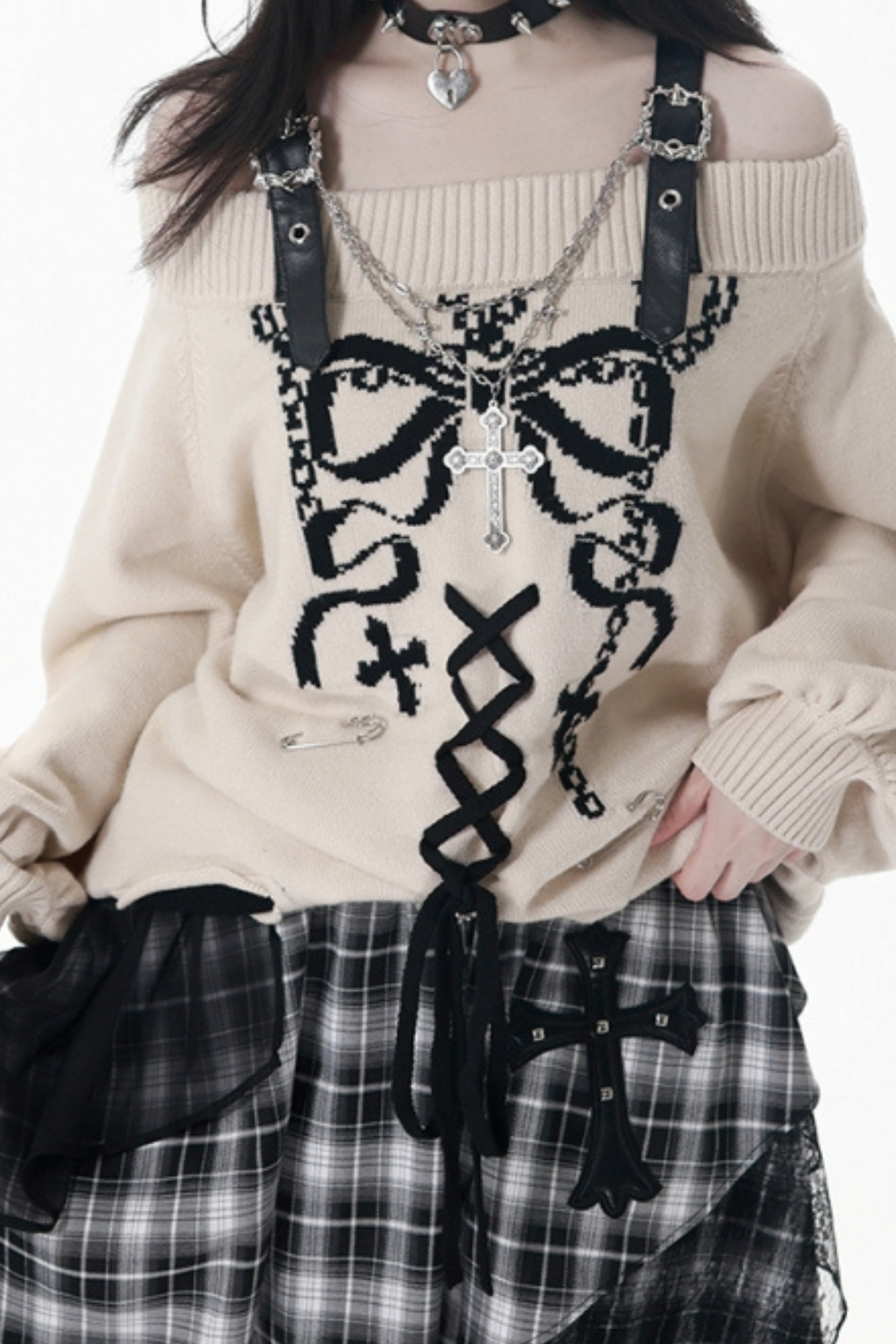 One-Shoulder Ribbon Top + Checked Asymmetrical Skirt