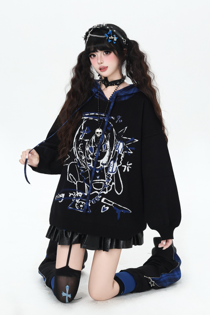 パンクガールチェックフードルーズセーター