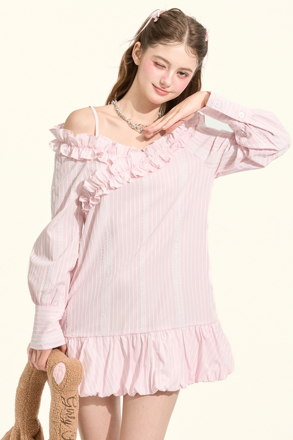 Pre-Fall Lace Striped Off-Shoulder Bubble Gown