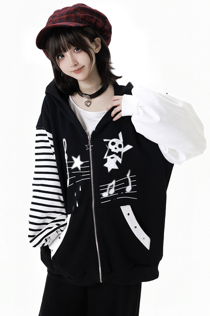 ストライプロックプリントフードジャケット+トップス+ロングパンツ+スカート