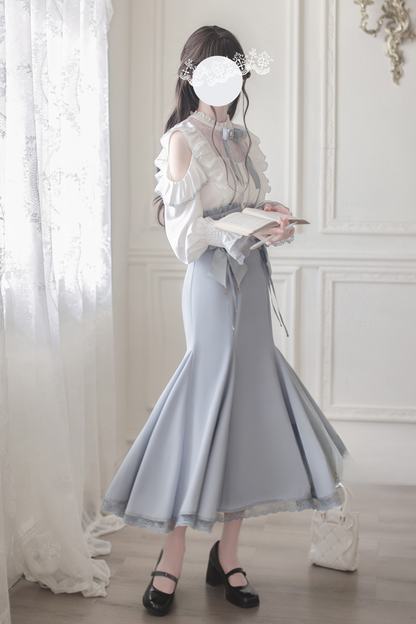 エレガントオフショルダーデザインシャツ+マーメイドスカート